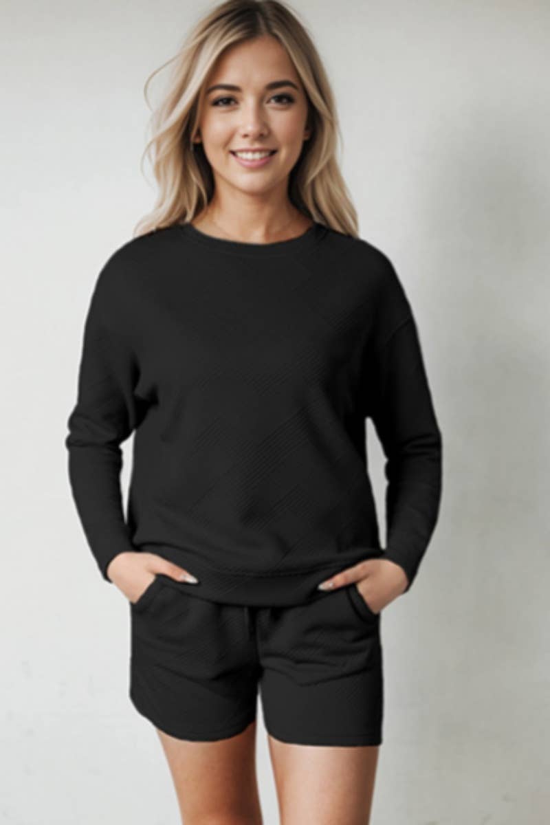 CWSS1028_FALL CREW NECK LONG SLEEVE TOP SHORTS SUIT