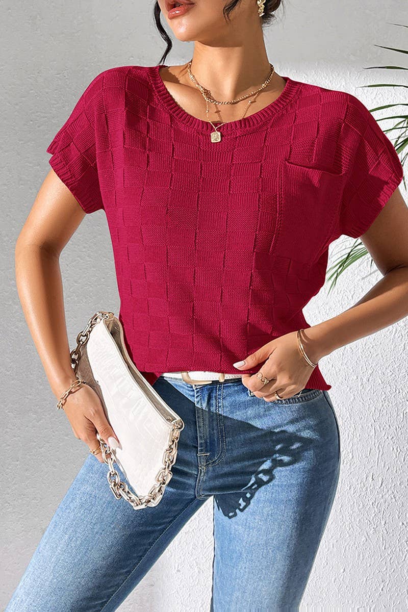 CWOSWS0086_SOLID COLOR LOOSE KNIT SHORT-SLEEVED TOP