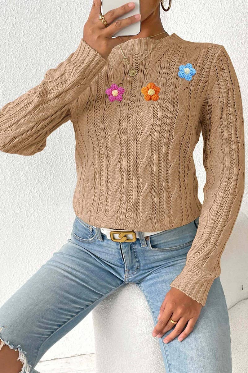 CWOSWL07409_WOMEN ROUND NECK KNIT SWEATER CROCHET PATCHWORK