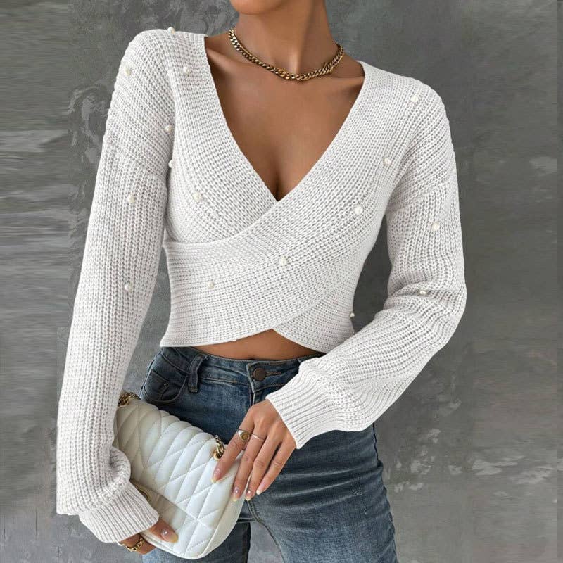 Beaded one-shoulder slimming knitted sweater