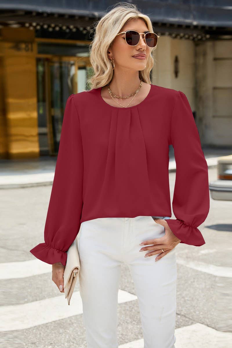 CWTBLL3683_SOLID COLOR ROUND NECK LONG SLEEVE LOOSE CHIFFON