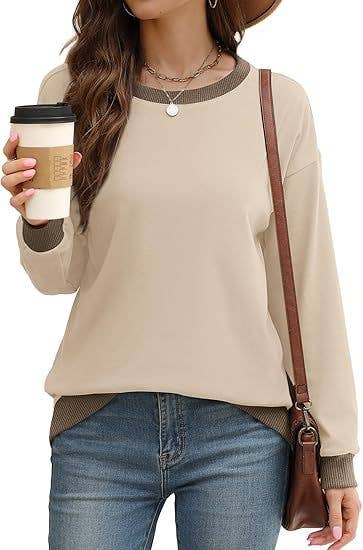 Crew-neck long sleeve matching ribbed loose-fitting hoodie