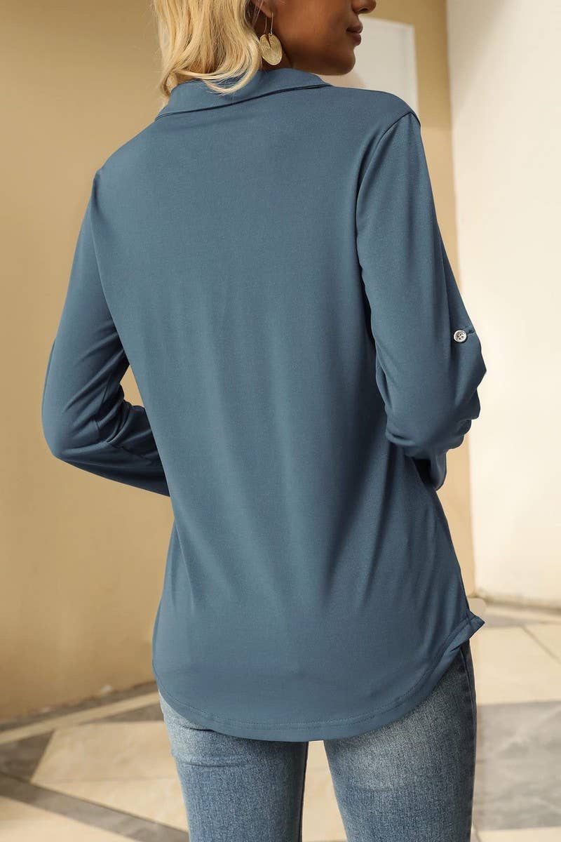 CWTBLL3627_AUTUMN ELASTIC V-NECK LONG-SLEEVED T-SHIRT TOP