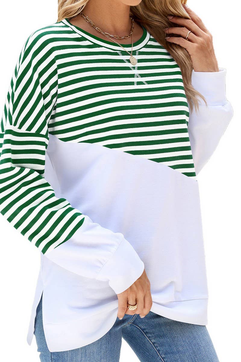 CWTBLL2368_ROUND NECK SLIT CONTRAST STRIPE SWEATSHIRT