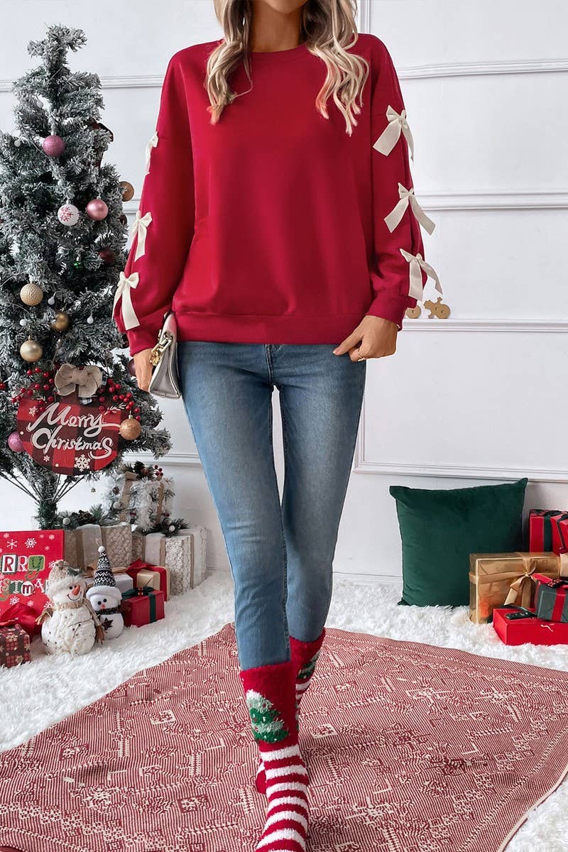 CWTBLL2301_ROUND NECK BOW RED CHRISTMAS SWEATSHIRT