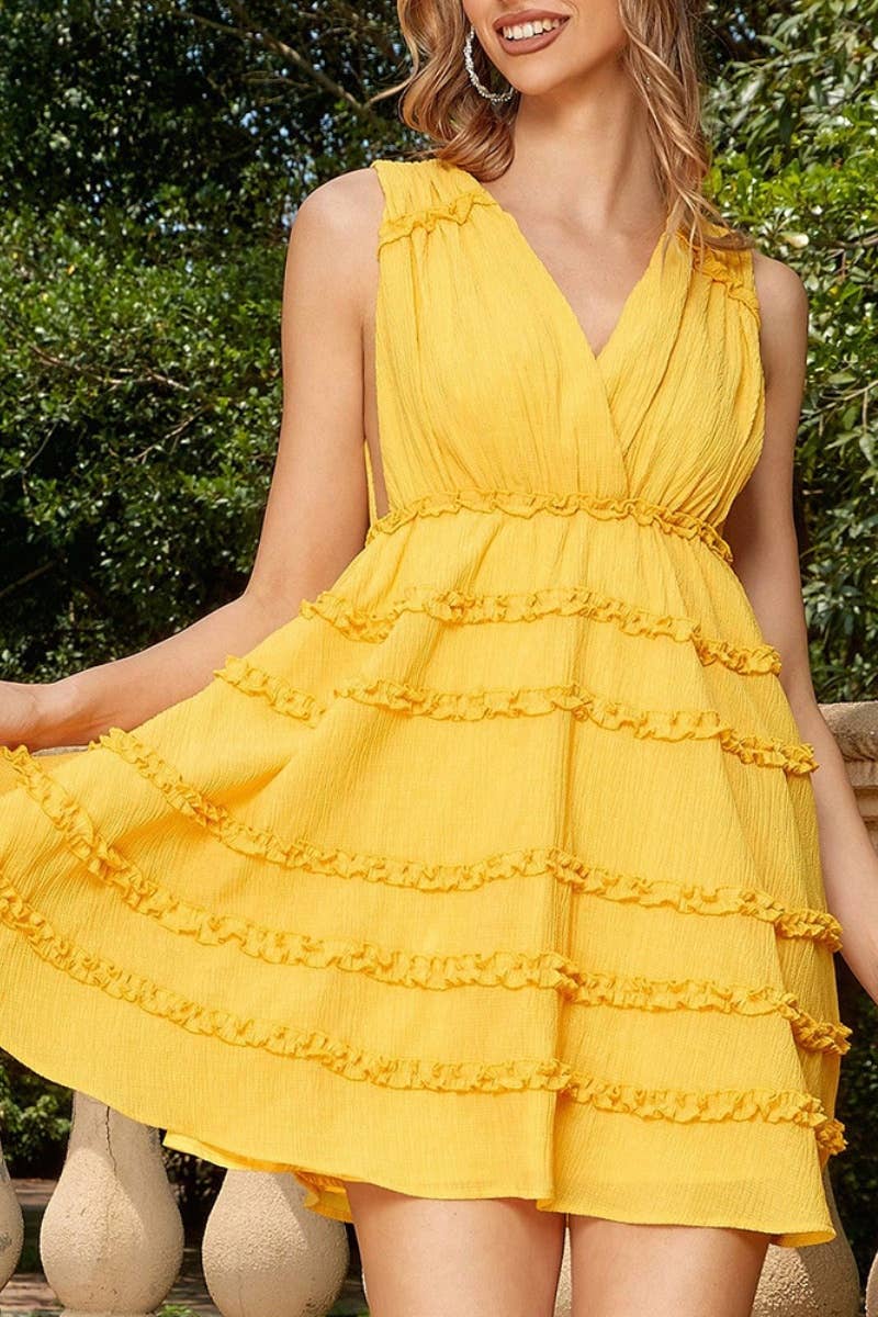 CWDSD4532_SUMMER V-NECK SLEEVELESS HALTER DRESS SHORT