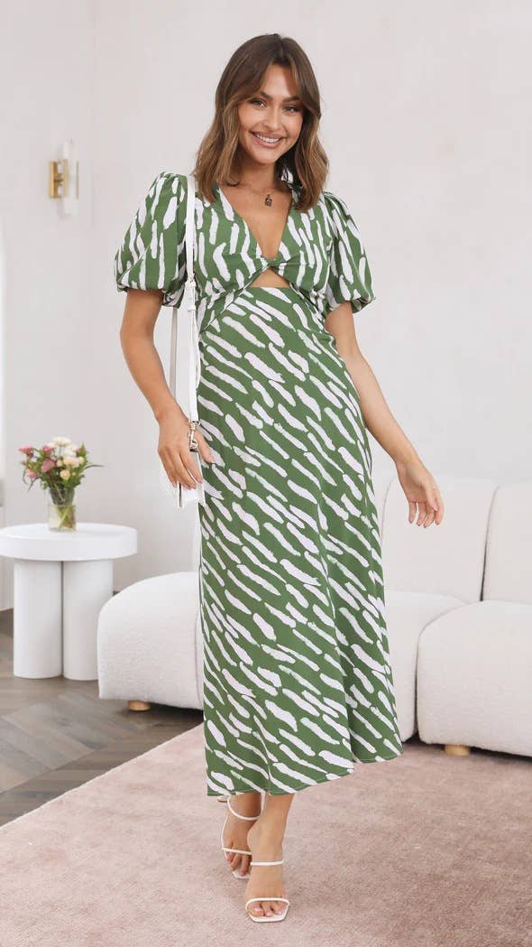 Elegant puffed sleeve irregular printed dress