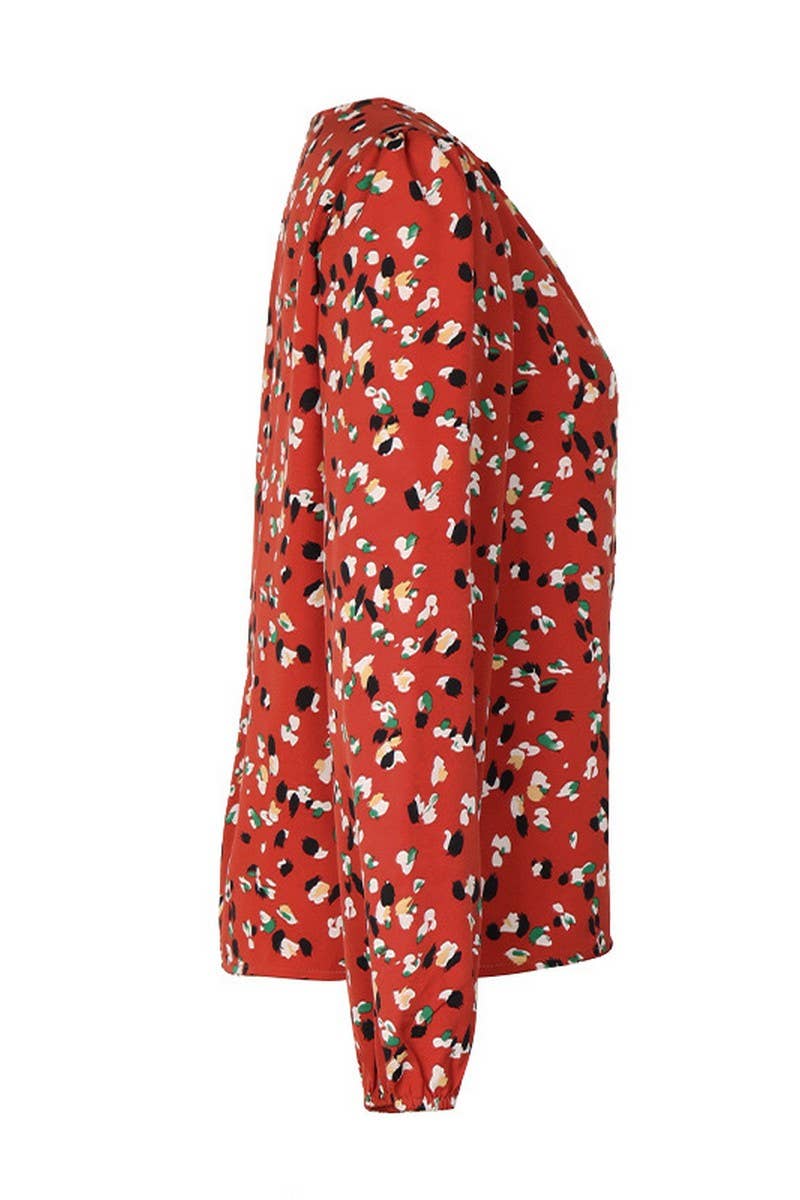 CWTBLL1719_V-NECK PRINTED LONG-SLEEVED RED SHIRT