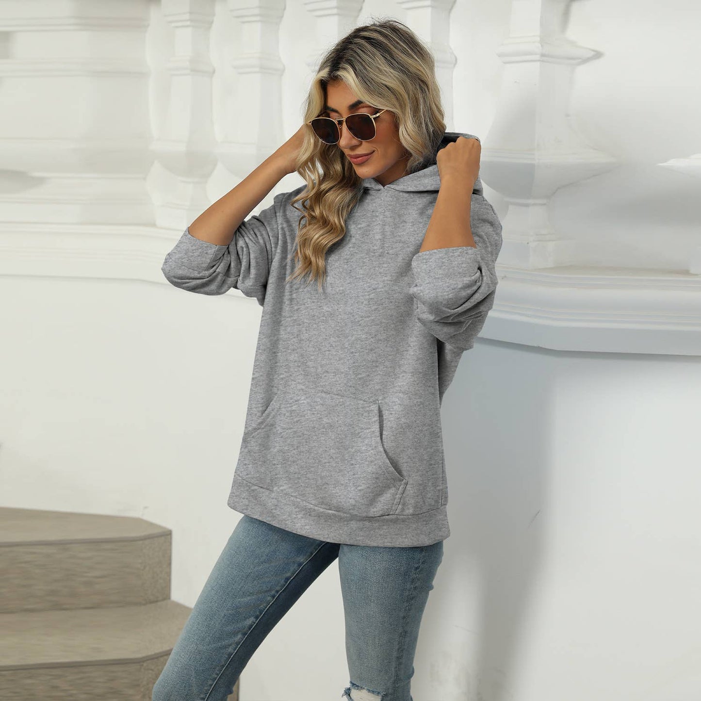 CASUAL HOODED POCKET HOODIE SOLID COLOR TOP