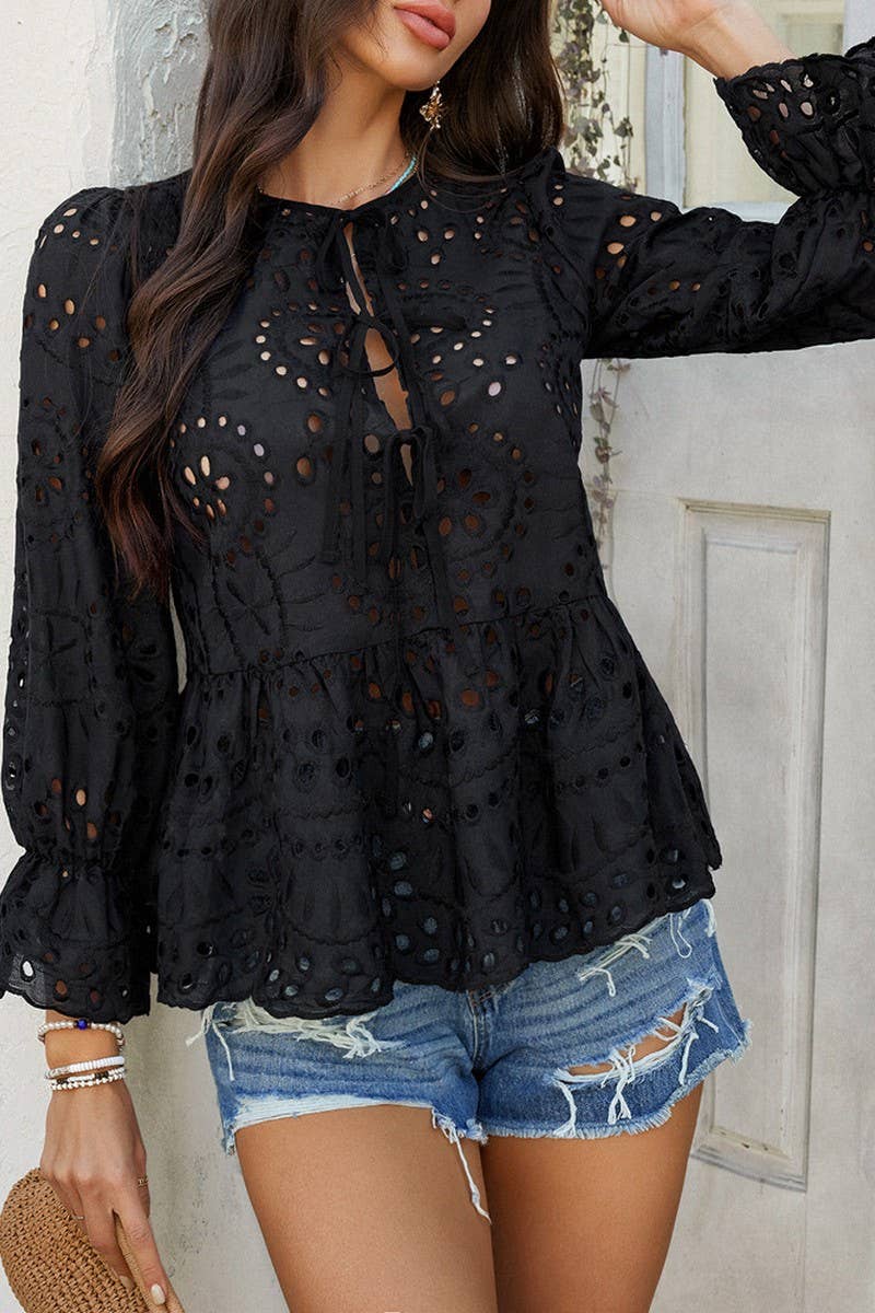 CWTBLL3595_LOOSE TIE SOLID COLOR HOLLOW TOP SHIRT