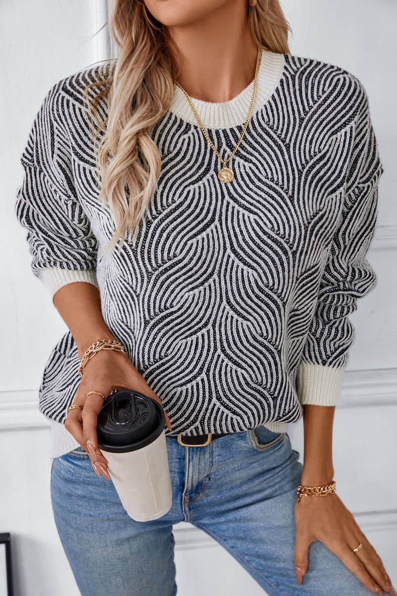 CWOSWL2832_RETRO CASUAL CONTRAST STRIPED KNITTED SWEATER