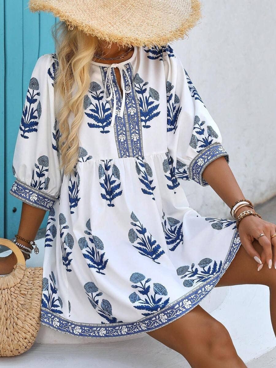 Casual plant printed straight short dress