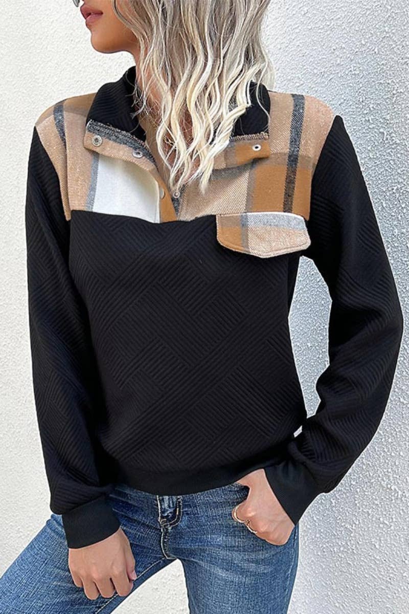 CWOHOL1012_WINTER PLAID PATCHWORK STAND-UP COLLAR HOODIE