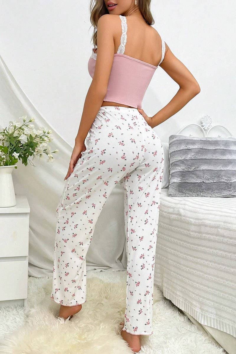 CWSPJ00486_FLORAL LACE CAMI AND PANTS SUMMER PAJAMA SET