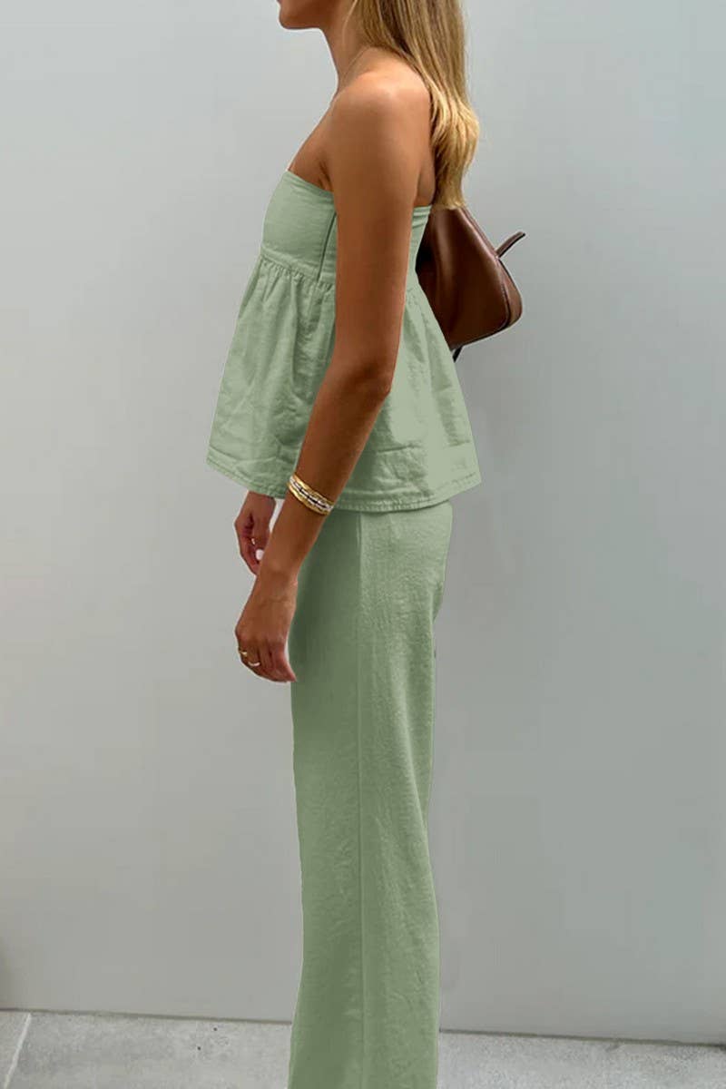 CWSTB00446_CASUAL STRAPLESS TOP AND STRAIGHT PANTS SET