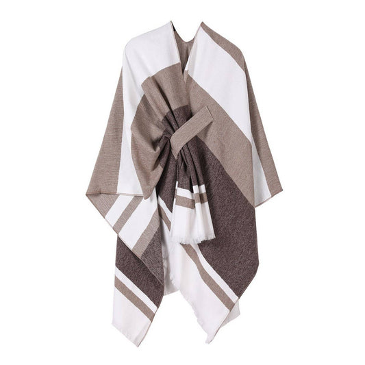 COLORBLOCKED AND BARRED CAPE WITH OUTER CAPE