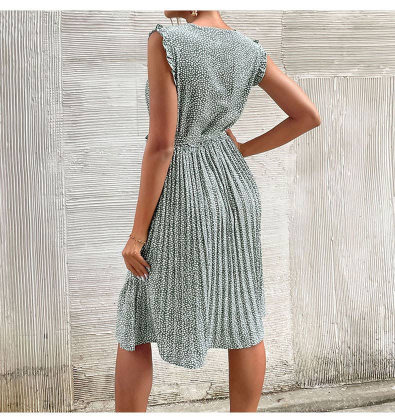 CASUAL LACE-UP GREEN FLORAL PLEATED DRESS