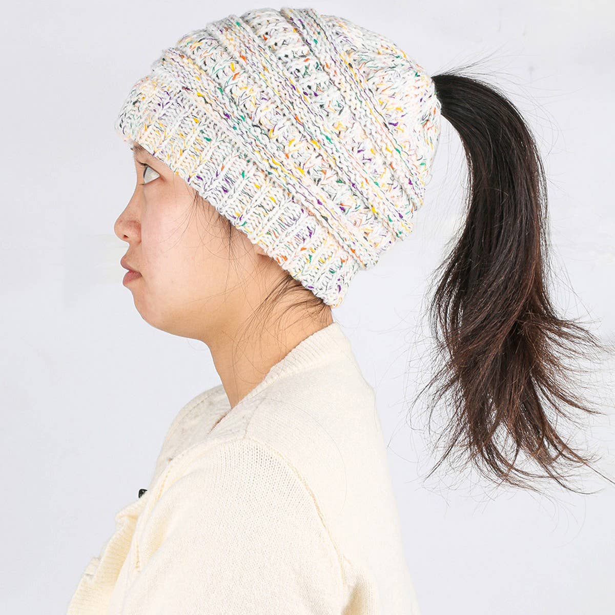 CWAHA07209_WINTER PONYTAIL HAT FASHIONABLE CABLE BEANIE