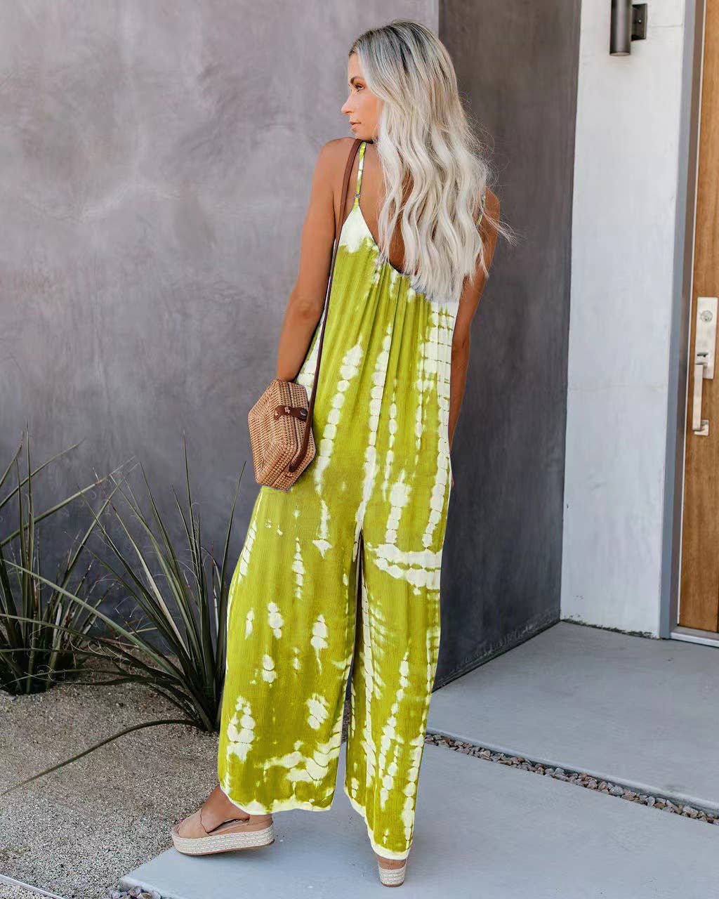 Abstract printed strappy sexy wide-leg jumpsuit
