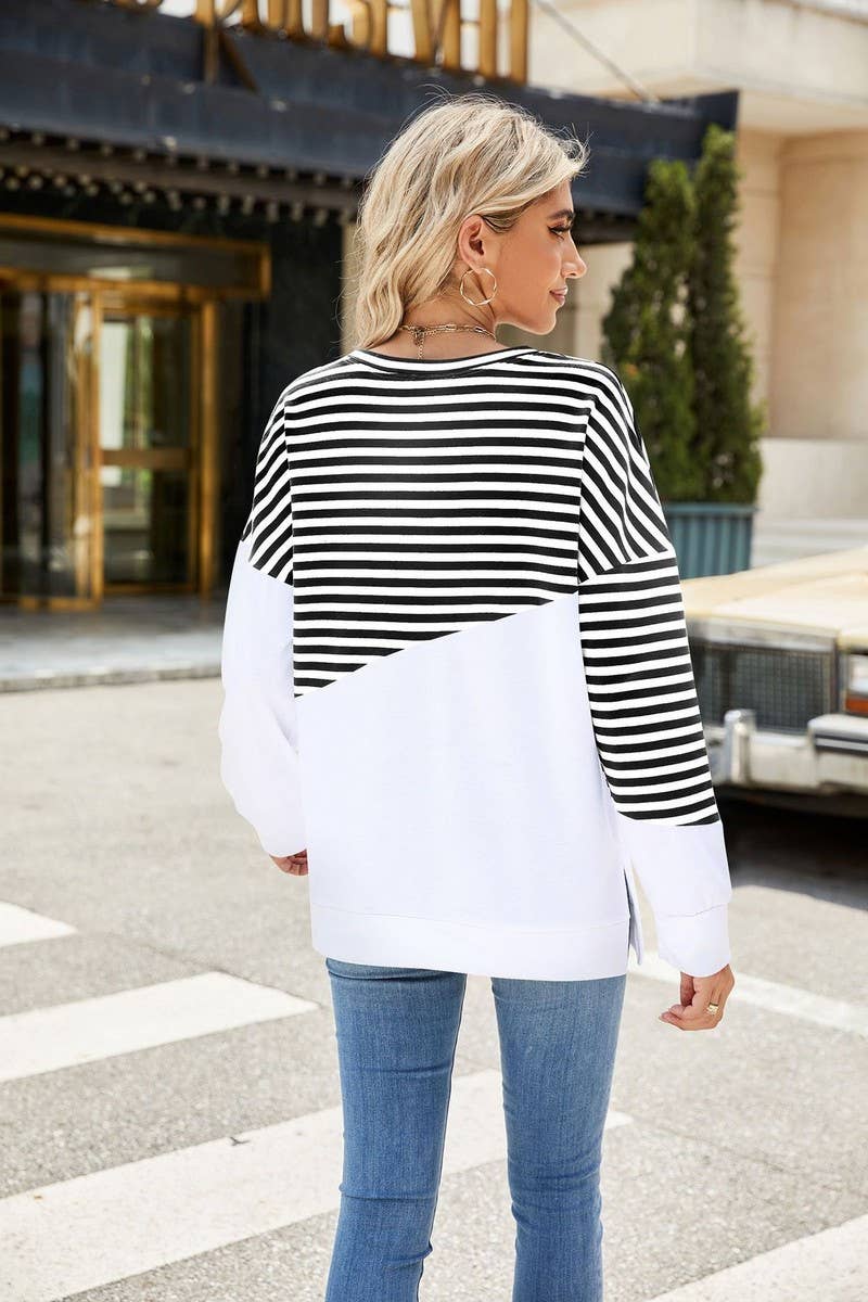 CWTBLL1859_ROUND NECK STRIPED LONG SLEEVE SWEATSHIRT