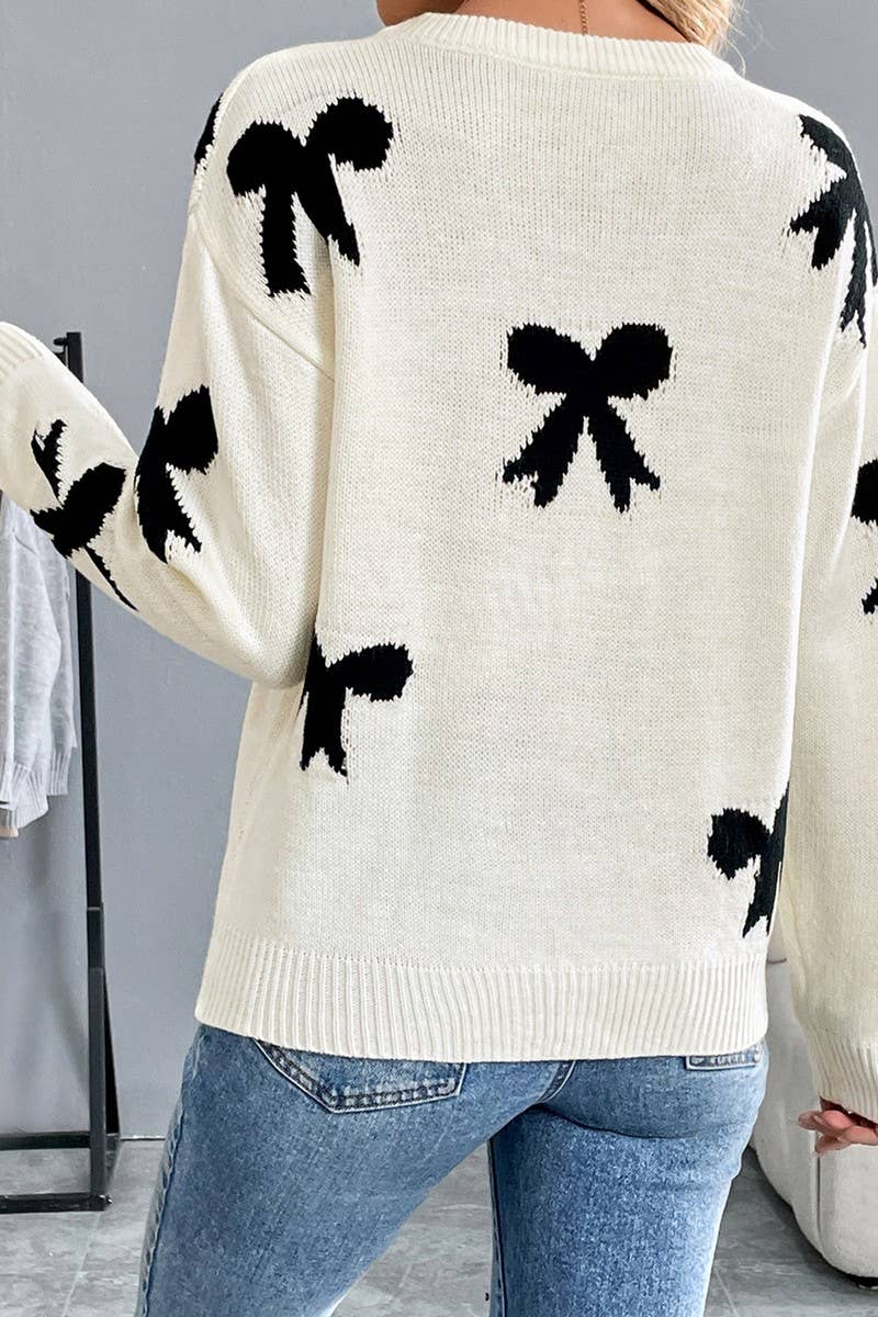 CWOSWL5876_CREW NECK BOW JACQUARD KNIT SWEATER