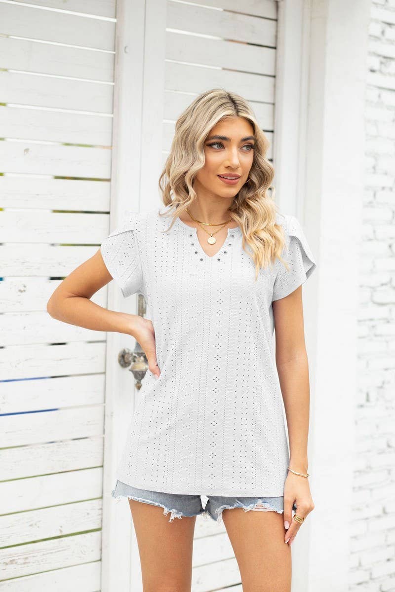 CWTTS0866_V-Neck Short Sleeve Blouse