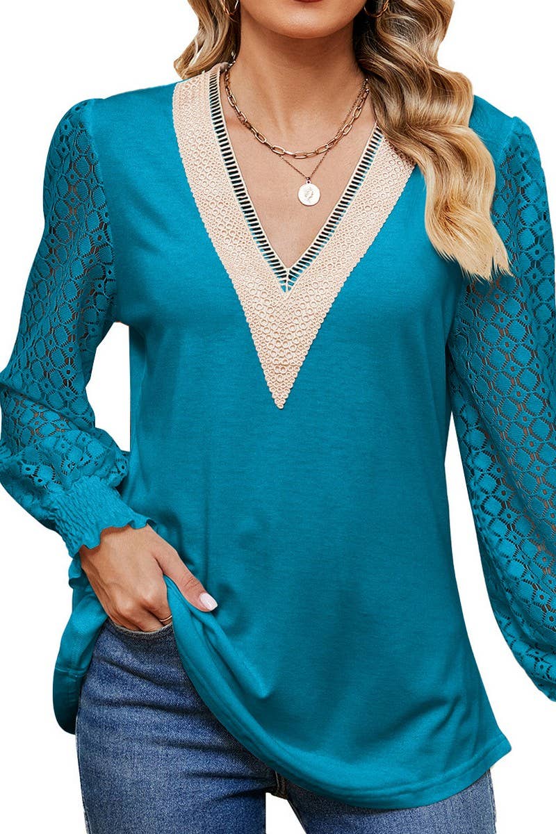 CWTBLL3665_V-NECK LACE PATCHWORK LONG SLEEVED LOOSE TOP