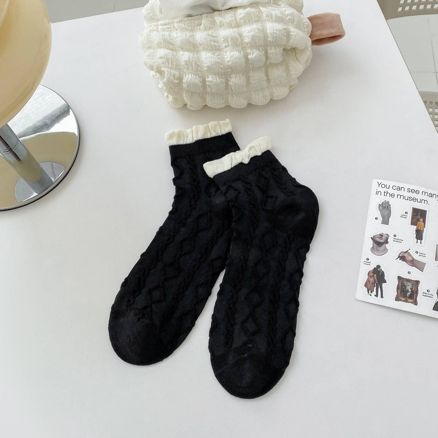 Rhombus, Heart Pattern Ruffle Ankle Socks