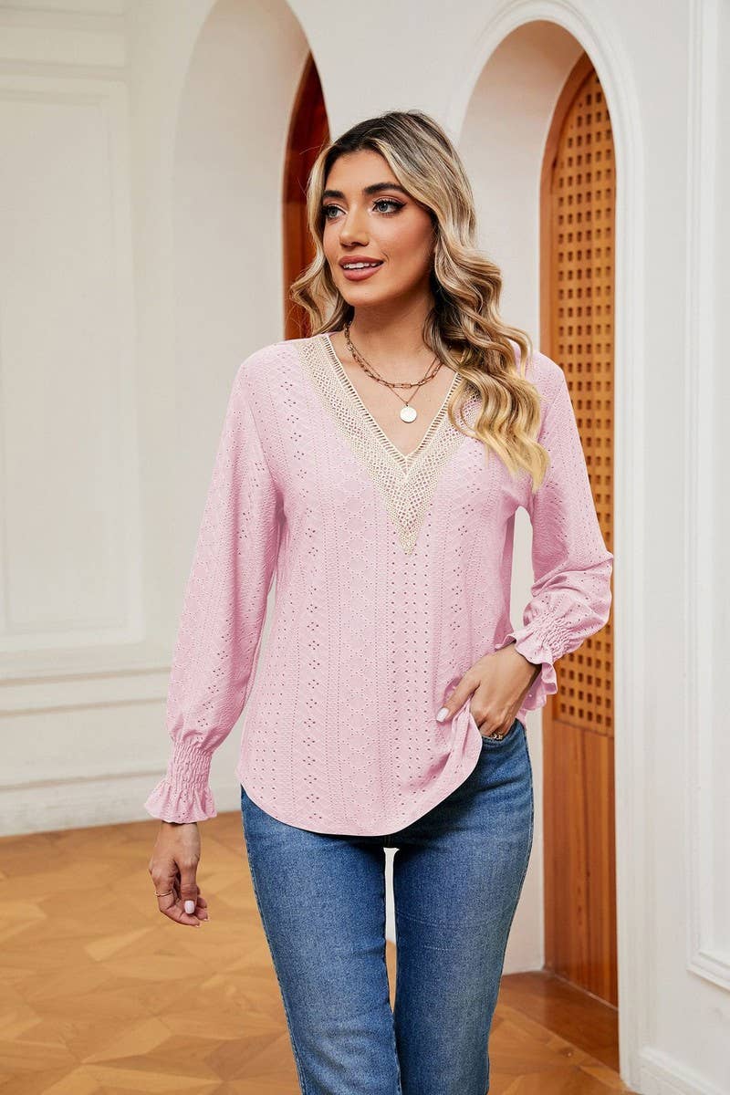 CWTBLL2389_V-NECK LACE STITCHING LONG-SLEEVED PULLOVER