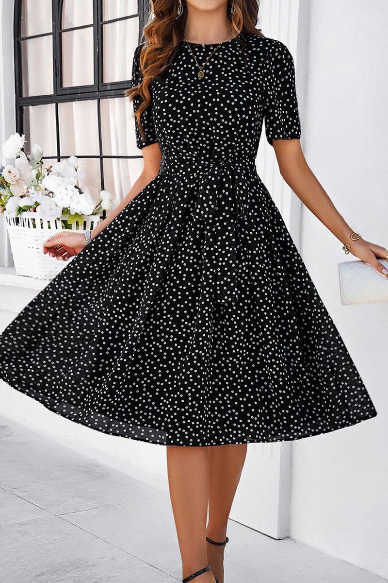 CWDSD7139_TEMPERAMENT CASUAL POLKA DOT LACE-UP PRINT DRESS
