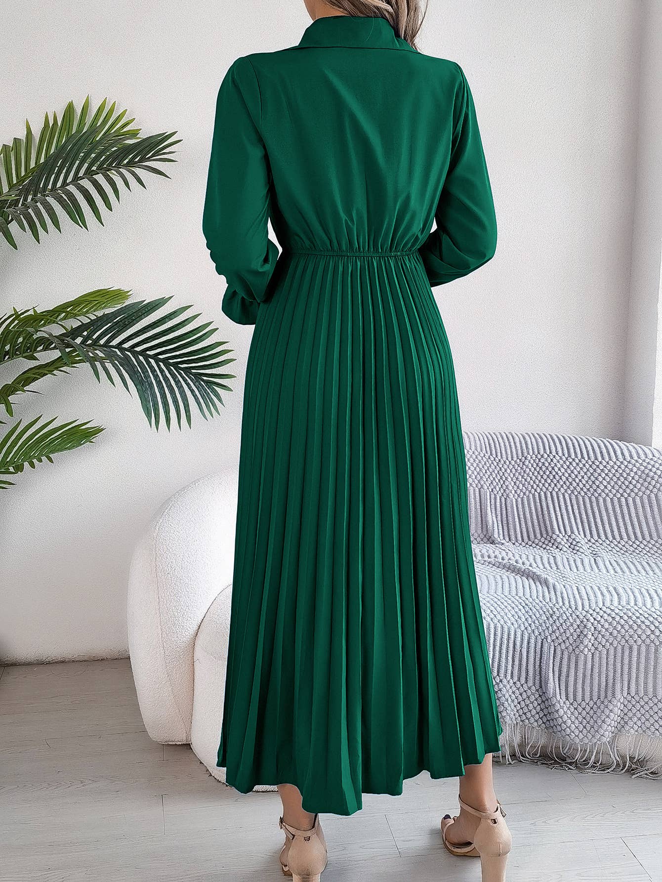 CASUAL LAPEL BUTTON WAIST PLEATED LONG DRESS