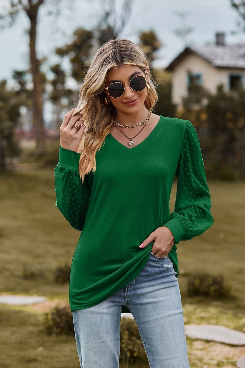 CWTBLL1047_LONG-SLEEVED V-NECK MESH PATCHWORK LOOSE TOP