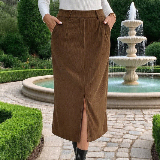 Elegant slit retro corduroy skirt