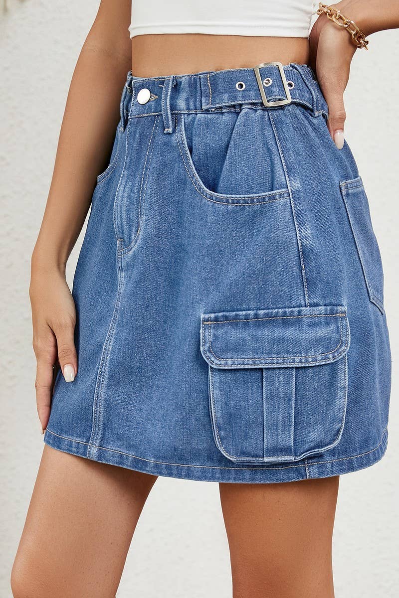 CWJSK00232_WASHED ADJUSTABLE WAIST DENIM MINISKIRT