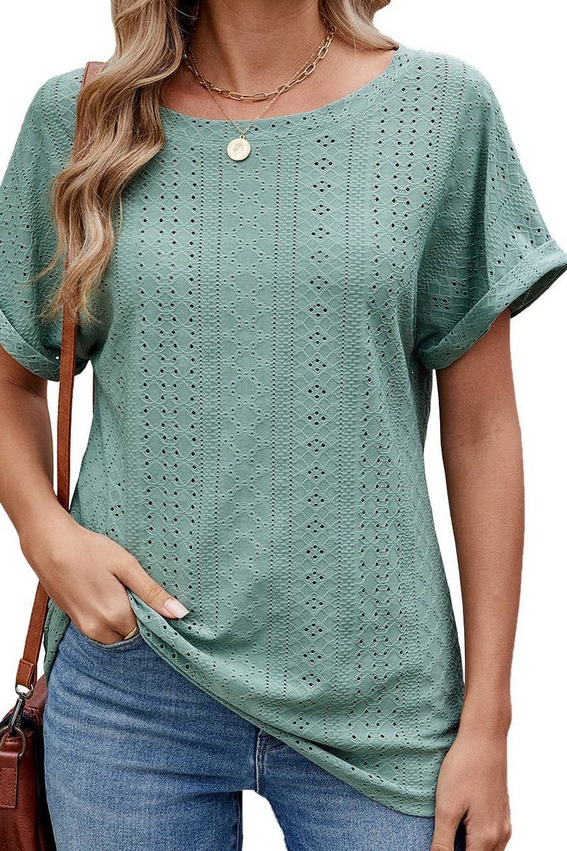 CWTBLS1735_HOLLOW ROUND NECK SHORT SLEEVE CASUAL T-SHIRT TOP