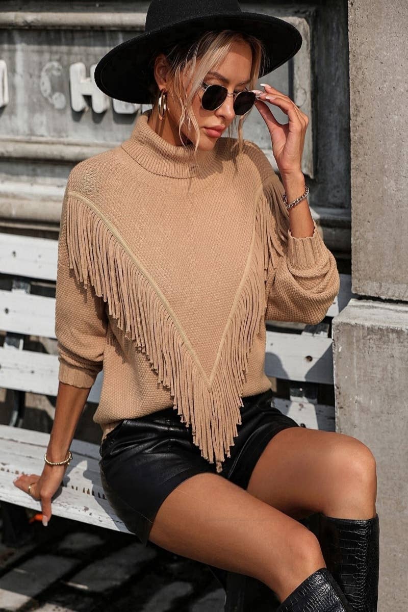 CWOSWL604 Turtle neck Fringe Tassel Pullover Sweater
