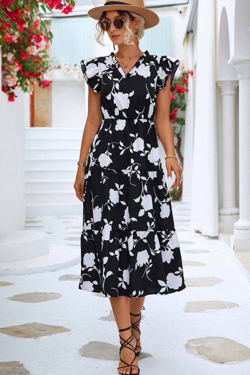 CWDMD2806_V-NECK PRINTED FLYING SLEEVE MIDI DRESS