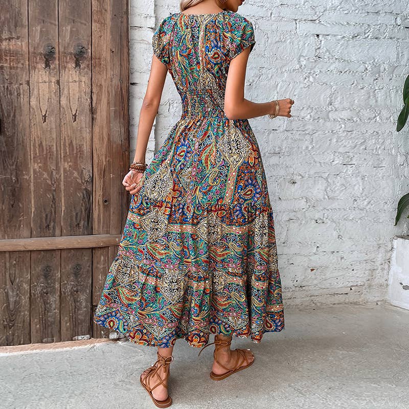 Boho style cable waist swing V-neck long dress