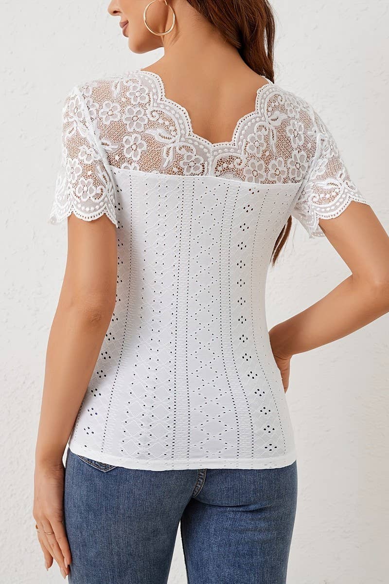 CWTBLS1528_SCALLOPED V-NECK LACE PANELED SHORT-SLEEVED TOP