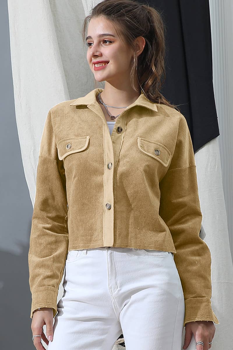 CWOJA703_LONG SLEEVE BUTTONED FRONT POCKETS CASUAL SHACKET