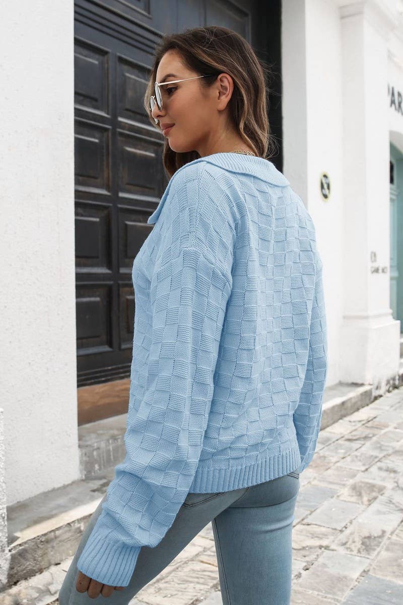 CWOSWL6854_NEW LOOSE THREE-DIMENSIONAL PLAID LAPEL SWEATER