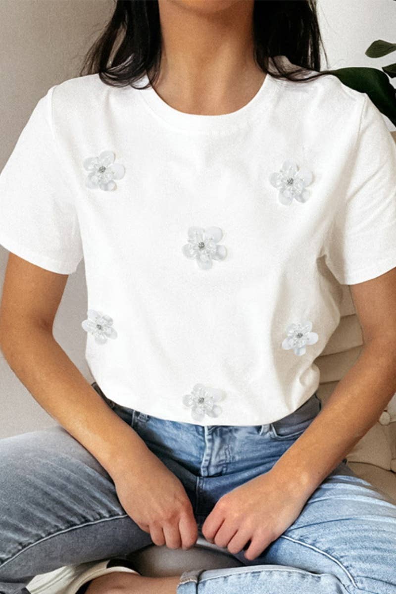 CWTBLS1328_SUMMER CREW NECK SHORT SLEEVE FLOWER TOP