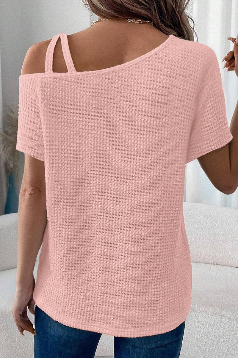 CWTBLS1617_SOLID COLOR OFF-SHOULDER SHORT-SLEEVED KNIT TOP