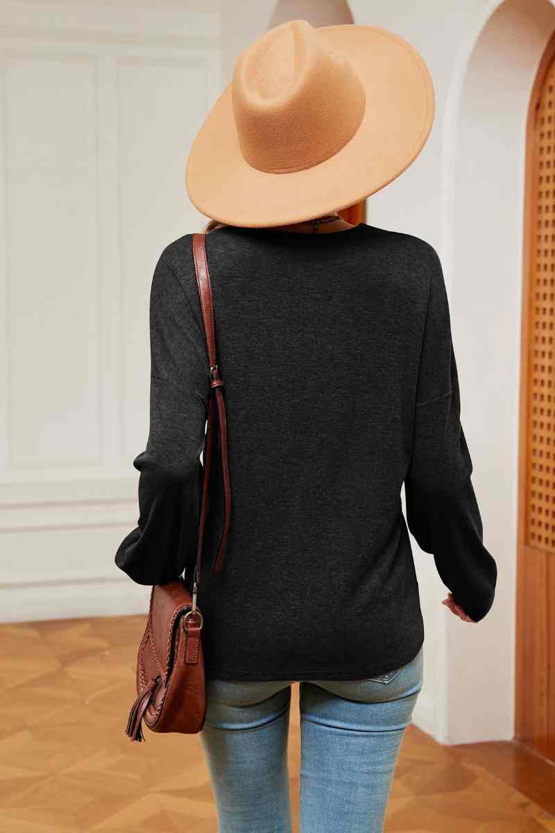 CWTBLL2842_AUTUMN LOOSE LACE V-NECK LONG SLEEVE TOP