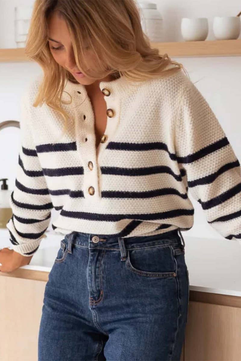 CWOSWL6961_STRIPED PULLOVER BUTTON-DOWN KNITTED SWEATER