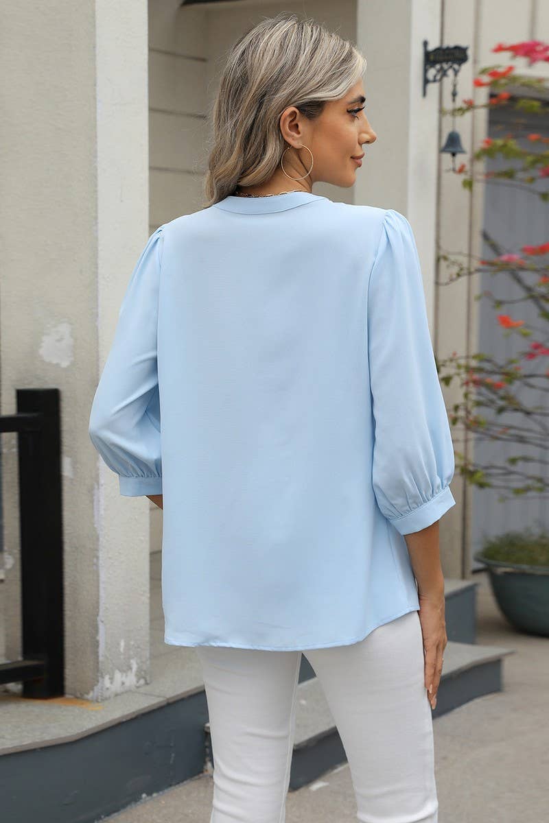 CWTBLL3673_KEYHOLE V NECK 3/4 SLEEVE LOOSE CHIFFON TOP