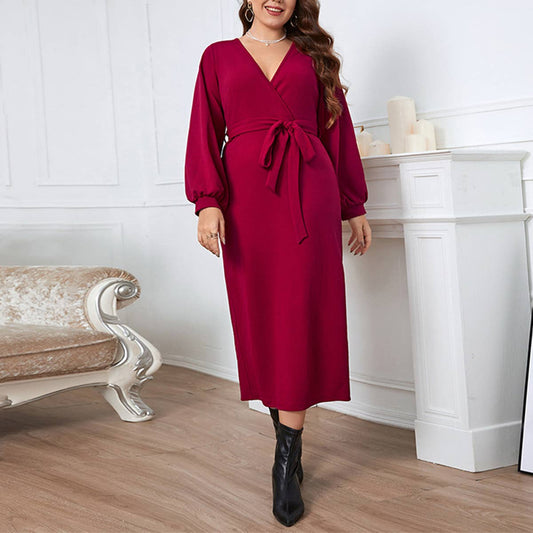 Red V-Neck Slim Fit Long Dress for Fall & Spring_CWDSD8473