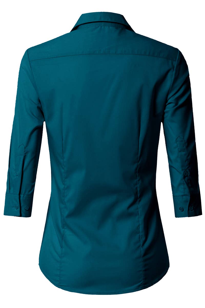 CWTSTS116_Basic Slim Fit Simple 3/4 Sleeve Button Down Shirt