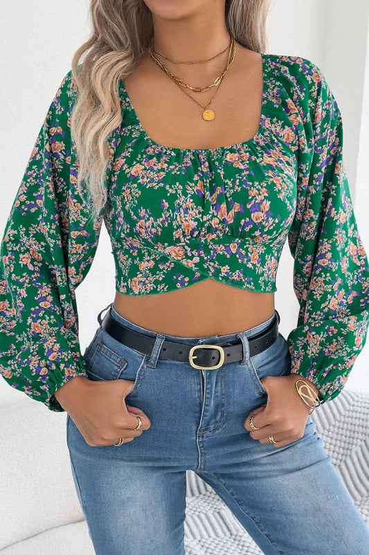 CWTBLL3974_FLORAL CHIFFON LANTERN SLEEVE TIE WAIST CROP TOP