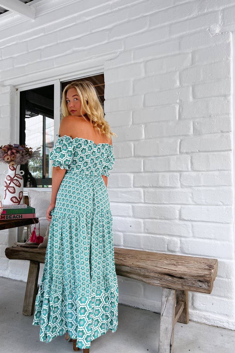 CWDMD5185_FLORAL PUFF SLEEVE OFF-SHOULDER FLARED DRESS